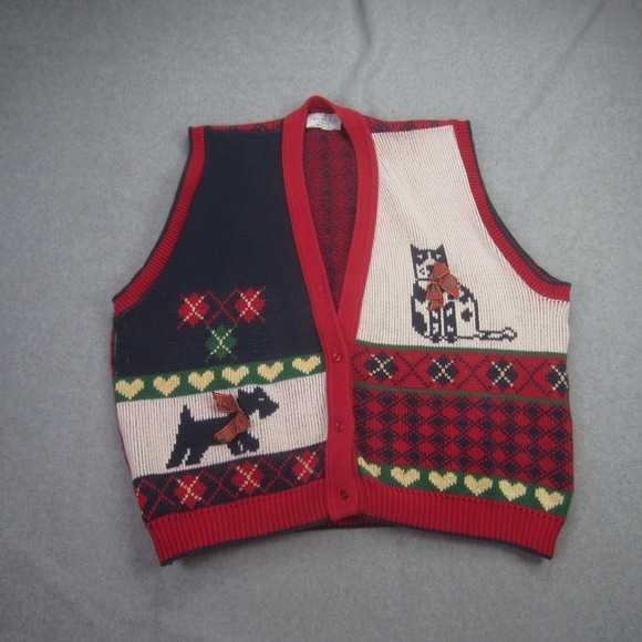 Sweater Loft Jackets & Blazers - Sweater Loft Vest Women 1X Red Multi Ugly Christmas Sweater Dog Cat Fair Isle